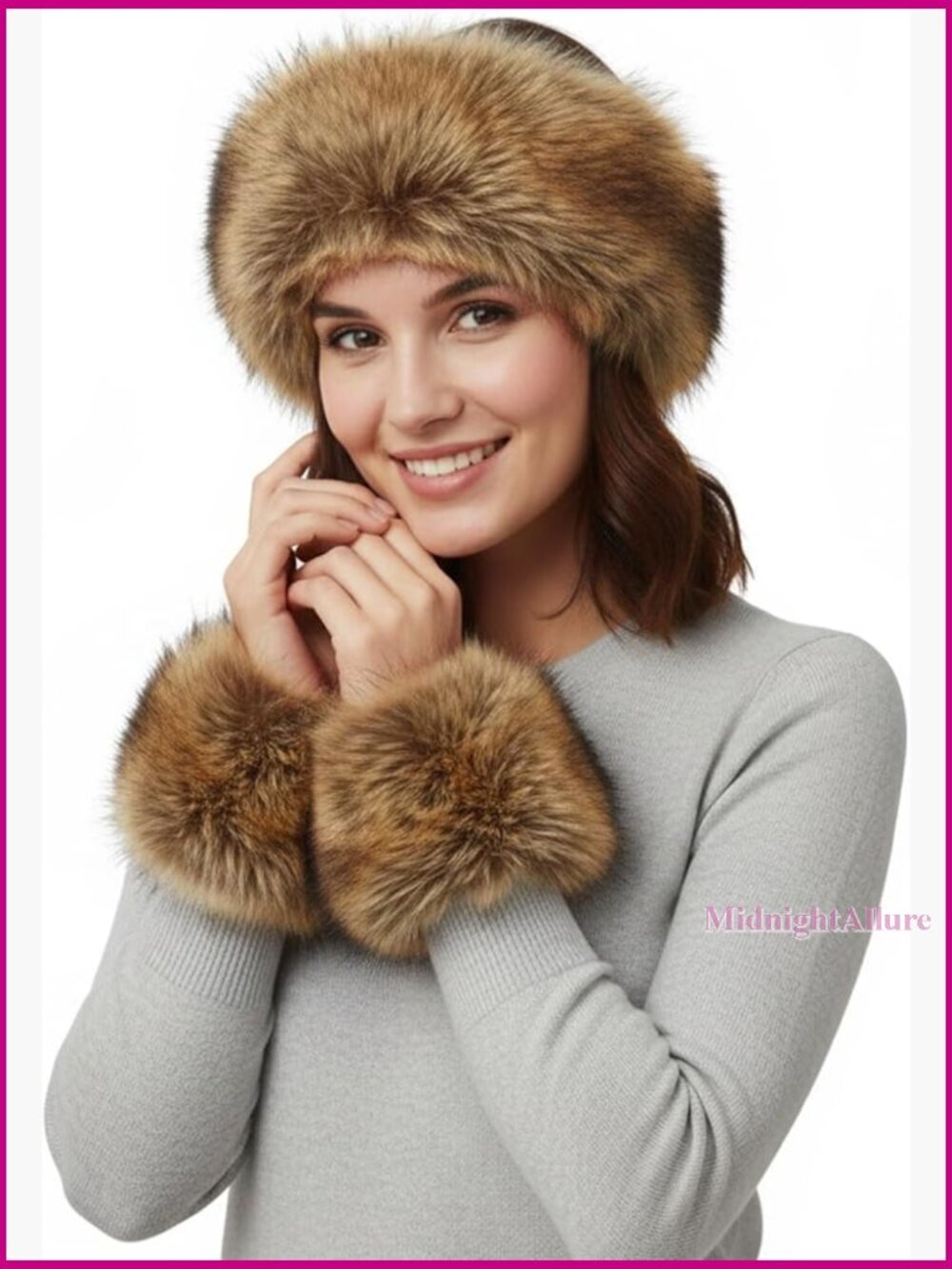Faux Fur Headband Wrist Cuffs Set, Winter Warm Cossack Style Accessory